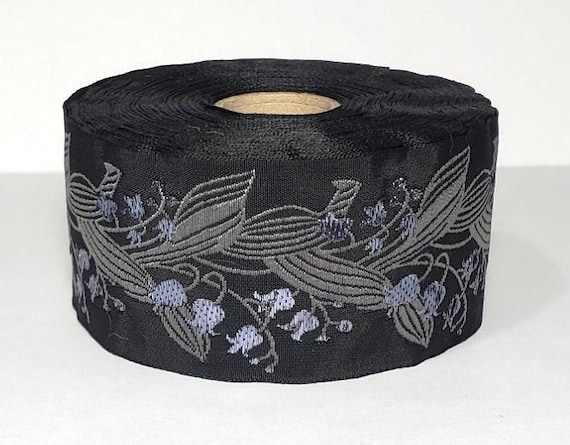 KAFKA H-02/32 Jacquard Ribbon Organic Woven Trim 1-1/2" wide (38mm) Black w/Iridescent Gray Lilies of the Valley, Gray Leaves/Stems