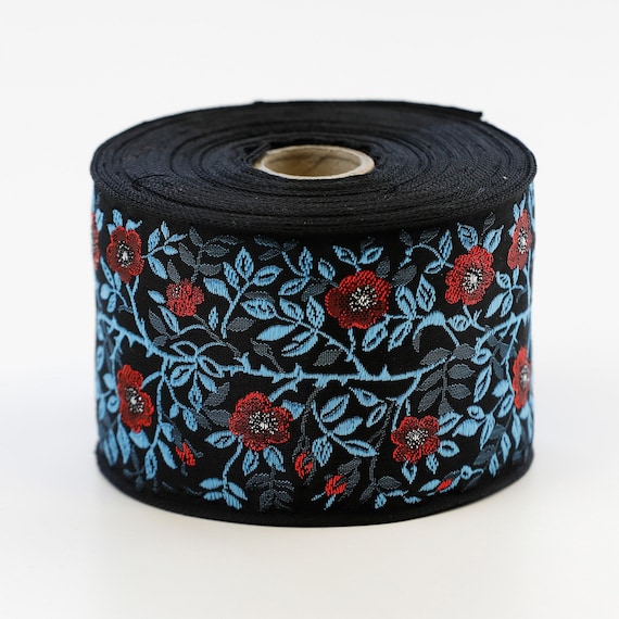 KAFKA L-01/35 Jacquard Ribbon Woven Organic Cotton Trim 2-3/8" wide (60mm) Black w/Metallic Red Wild Roses & Light Blue Leaves