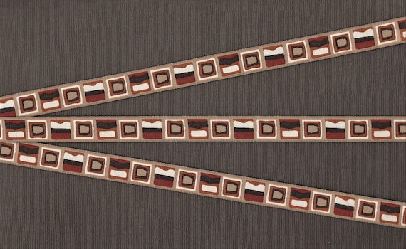 GEOMETRIC B-07-A Jacquard Ribbon Poly Trim 1/2" wide (13mm) Douglas Paquette "Wood Squares" Cream, Brown & Rust