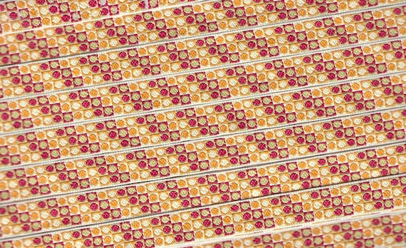 GEOMETRIC A-25-A Jacquard Ribbon Polyester Trim 3/8" wide (9mm) Ivory Background w/Red, Orange, Tan, Ivory Mini Dots & Squares