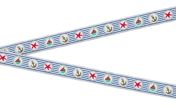 CHILDREN's NAUTICAL C-20-A Jacquard Ribbon Poly Trim 5/8" wide (16mm) Blue & White Stripe w/ Nautical Emblems