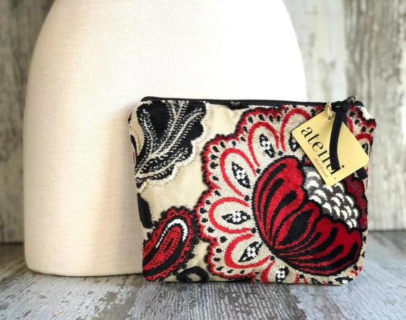 ATENTI Handmade Bags "Paisley Bean" Black/Red/Ivory Cut Velvet Tapestry Floral Accessory Pouch, Knitting, Travel, Cosmetic Bag, USA Made