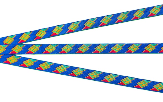 GEOMETRIC B-14-A Jacquard Ribbon Poly Trim 1/2" wide (13mm) Bright Blue w/Hot Pink, Lime Green & Yellow