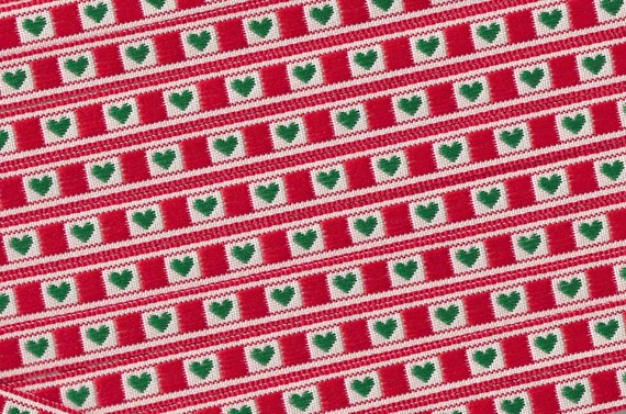 HOLIDAY A-07-B Jacquard Ribbon Polyester Trim 3/8" wide (9mm) Ivory & Red Background w/Sweet Petite Green Hearts, Christmas Colors!
