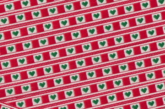 HEARTS/FLOWERS A-02-D Jacquard Ribbon Polyester Trim 3/8" wide (9mm) Ivory & Red Background w/Sweet Petite Green Hearts, Christmas Colors!