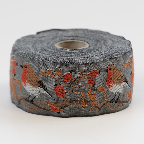 KAFKA H-05/02 Jacquard Ribbon Woven Organic Cotton Trim 1-5/8" wide (42mm) Gray w/Robins, Rose Hip Berries, Branches & Leaves