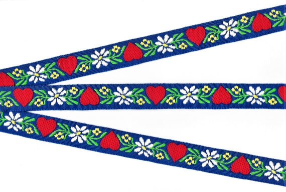 HEARTS/FLOWERS D-21-D Jacquard Ribbon Woven Cotton Trim 3/4" wide (20mm) Blue w/Red Hearts, White & Yellow Edelweiss, Green Leaves