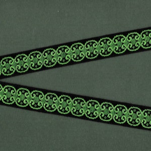 GEOMETRIC D-12-D Jacquard Ribbon Cotton Trim 3/4&quot; wide (20mm) VINTAGE, Black Background w/Green Curlicues and Dark Green Dots