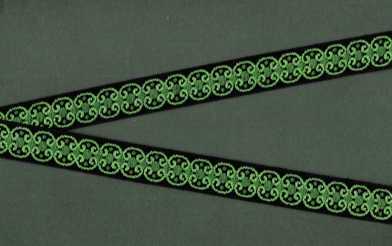GEOMETRIC D-12-D Jacquard Ribbon Cotton Trim 3/4" wide (20mm) VINTAGE, Black Background w/Green Curlicues and Dark Green Dots
