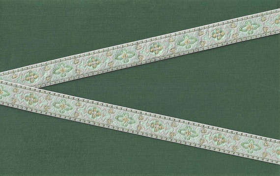 GEOMETRIC C-06-R Jacquard Ribbon Polyester Trim 5/8" wide (16mm) Made in France, Lt Aqua w/Beige & Green Accents Renaissance Medieval Design