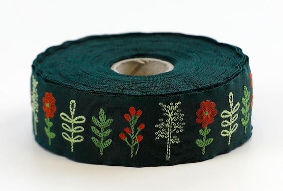 KAFKA F-12/02 Jacquard Ribbon Woven Organic Cotton Trim 1" wide (25mm) Dark Green Background w/Red & Pale Green Flowers, Green Stems/Leaves