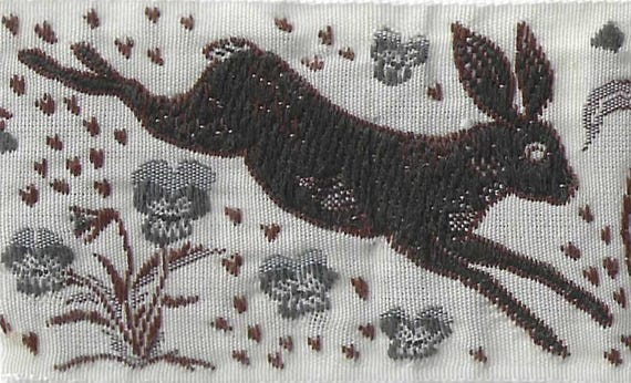 KAFKA H-27/07 Jacquard Ribbon Organic Cotton Trim 1+1/2" wide (38mm) Ivory w/Brown Jackrabbits