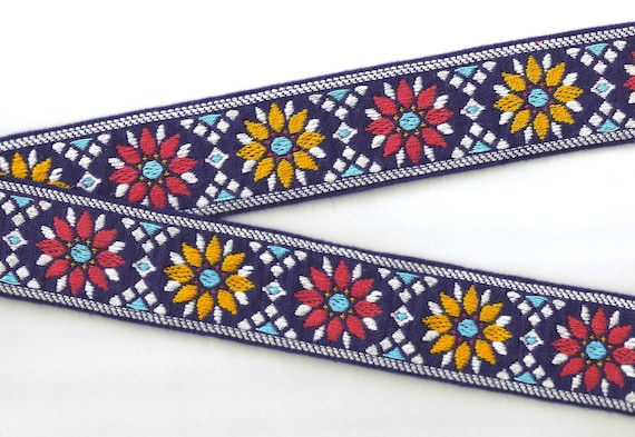 FLORAL J-35-A Jacquard Ribbon Cotton Trim 1-5/8" wide (48mm) VINTAGE, Navy w/Red & Yellow Flowers