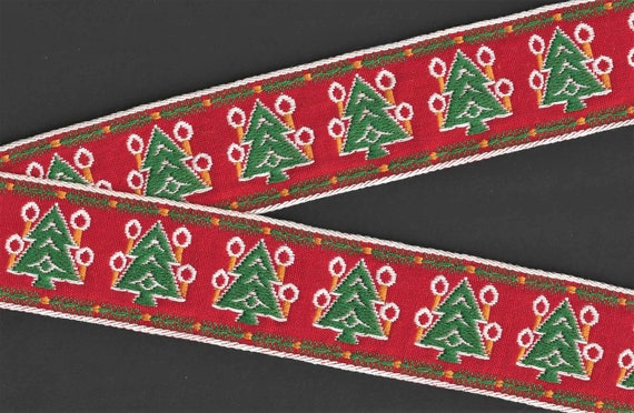 HOLIDAY M-02-A Jacquard Ribbon Cotton Trim 2-1/8" Wide (54mm) VINTAGE, Made in Germany, Green Trees on Red Background, Per Yard