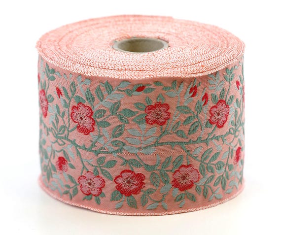 KAFKA L-01/11 Jacquard Ribbon Woven Organic Cotton Trim 2-3/8" wide (60mm) Coral Pink w/Red Dog Roses, 2-Tone Green Leaves