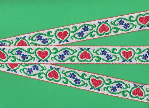 Vintage French Jacquard Ribbon Trim In Vibrant Green, Red & Beige - Foto 8