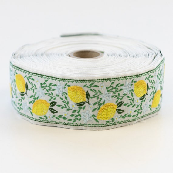 KAFKA H-13/01 Jacquard Ribbon Woven Organic Cotton Trim 1-1/2" wide (38mm) Off-White w/Lemons, Lt Blue Lemon Blossoms Green Leaves