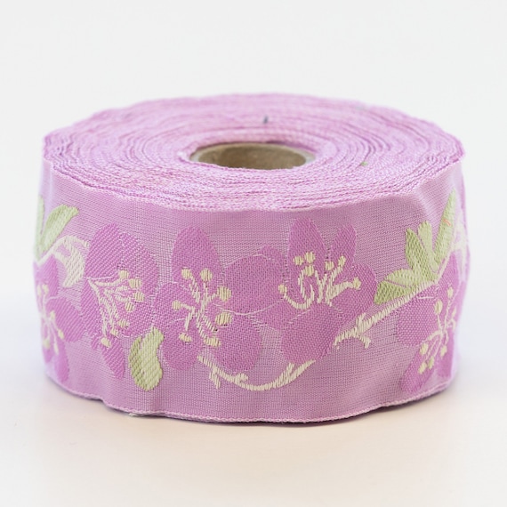 KAFKA H-06/11 Jacquard Ribbon Woven Organic Cotton Trim 1-5/8" wide (40mm) Orchid w/Cherry Blossoms Green Leaves, Ivory Branches