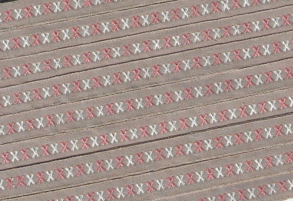 KAFKA A-12/04 Jacquard Ribbon Organic Cotton Woven Trim 7/16" wide (10mm) Beige w/Petite Apricot & Ivory "X" Pattern Geometric Cross Design