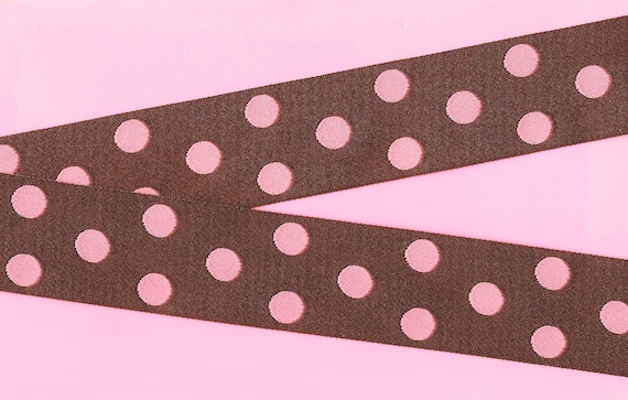 POLKA DOTS H-23-A Jacquard Ribbon Poly Trim 1-1/2" Wide (38mm) REVERSIBLE Chocolate Brown Background w/Pretty Pink Polka Dots