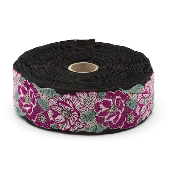 KAFKA H-25/07 Jacquard Ribbon Organic Cotton Trim 1-1/2" wide (40mm) "WILDROSE" Black w/Magenta & Pink Flowers
