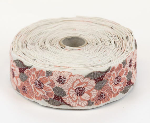 KAFKA H-25/03 Jacquard Ribbon Woven Organic Cotton Trim 1+1/2" wide (40mm) "WILDROSE" Ivory w/Pink, Apricot, Taupe & Burgundy Flowers