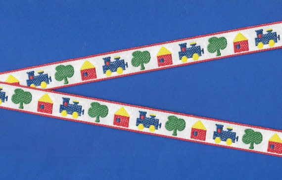 CHILDREN's D-02-B Jacquard Ribbon Vintage Cotton Trim 3/4" wide (20mm) Off-White w/Trains, Houses & Trees in Primary Colors, 2yd Length