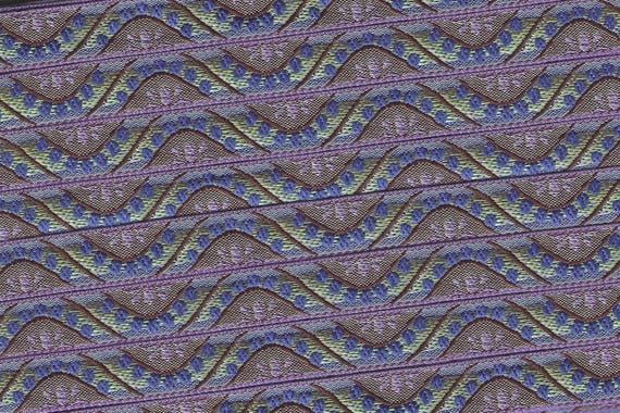 GEOMETRIC B-26-B Jacquard Ribbon Poly Trim 1/2" wide (13mm) VINTAGE Made in France, Lime/Lilac/Purple Wave