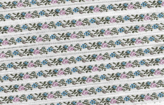 FLORAL A-08-i Jacquard Ribbon Poly Woven Trim, 3/8" Wide (9mm) White Background w/Petite Pink & Sky Blue Flowers, Green Leaves