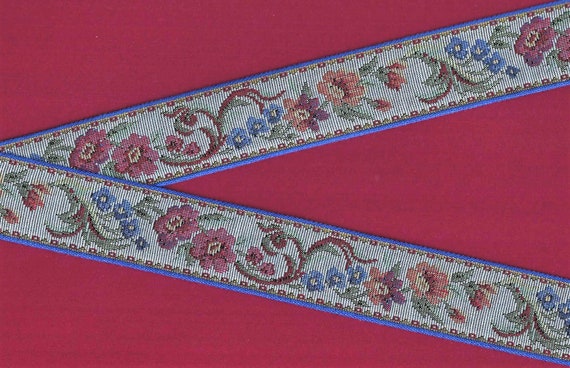 FLORAL TAPESTRY H-09-J Jacquard Ribbon Cotton Trim, 1-1/2" Wide (38mm) "Petit Point" Lt Blue w/Multi-Colored Flowers, Green Leaves