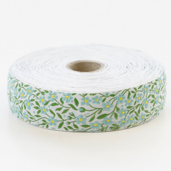 KAFKA F-01/06 Jacquard Ribbon Woven Organic Cotton Trim 1" wide (25mm) White w/Aqua (Yellow Accents) Forget-Me-Nots, Green Leaves