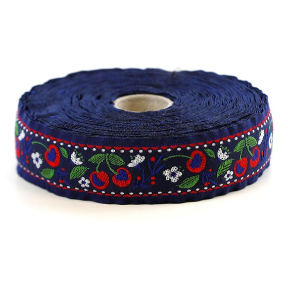 KAFKA F-13/03 Jacquard Ribbon Organic Cotton Trim 1" wide (25mm) Navy w/Red Cherries