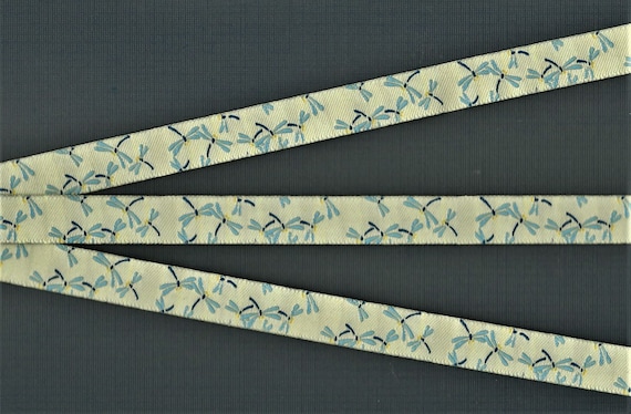 INSECTS C-06-A Jacquard Ribbon Poly Trim, 5/8" Wide (16mm) Pale Aqua w/Blue Dragonflies, Yellow Accents