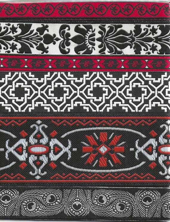 RIBBON PAK-120 Jacquard Ribbon Poly Trim (6yds) 1yd each 6 Different Designs in Black, Red & White