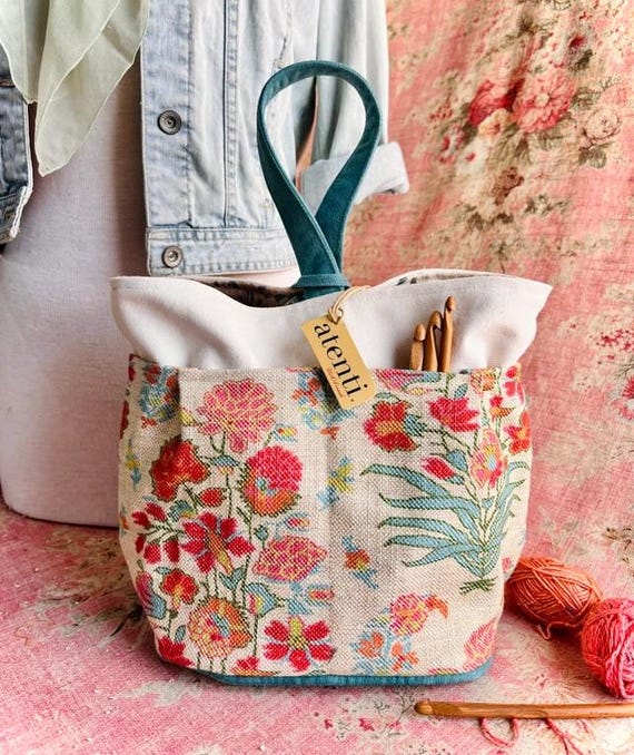 ATENTI Handmade Bags "GEMMA" in Peach, Apricot, Teal & Ivory Floral, 8-Pocket Organizer, Needle Arts/Knitting Bag, Project Bag, USA Made