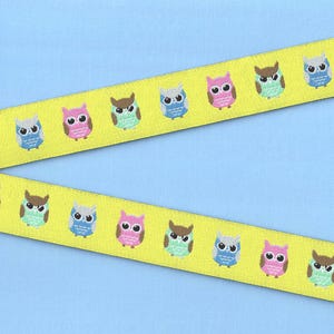 ANIMAIS/Pássaros E-26-A Fita Jacquard de Poliéster com Acabamento de 22 mm de largura Fundo Amarelo com Corujas Rosa, Verde e Azul