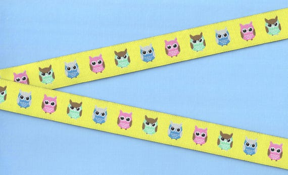 ANIMALS/Birds E-26-A Jacquard Ribbon Polyester Trim 7/8" wide (22mm) Yellow Background w/Pink, Green & Blue Owls