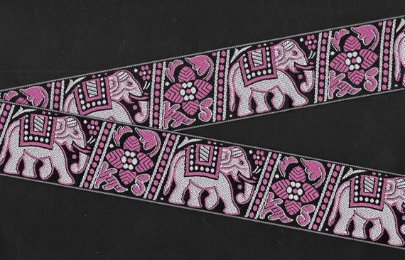 ANIMALS/Wildlife H-01-A Jacquard Ribbon Poly Trim 1-1/2" wide (38mm) Black Background w/Gray & Pink Patterned Elephants