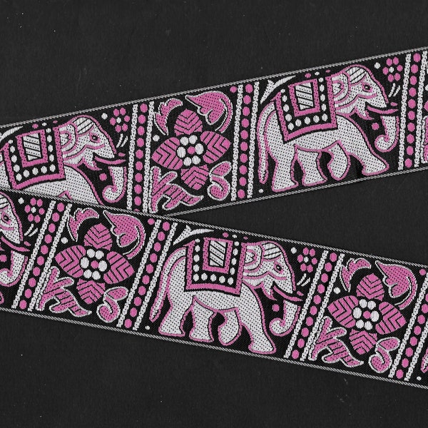 ANIMALS/Wildlife H-01-A Jacquard Ribbon Poly Trim 1-1/2" wide (38mm) Black Background w/Gray & Pink Patterned Elephants