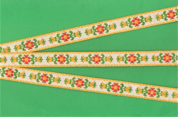 FLORAL C-03-E Jacquard Ribbon Cotton Trim 5/8" wide (16mm) Off-White w/Yellow Borders Orange/Yellow Flowers, Green Leaves