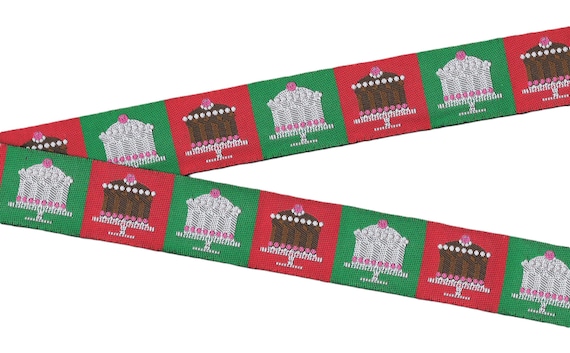 HOLIDAY G-02-A Jacquard Ribbon Poly Trim 1-1/8" wide (28mm) LFNT, Xmas, Red & Green Tiny Cakes