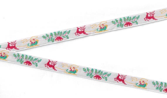 HOLIDAY C-33-B Jacquard Ribbon Poly Trim 5/8" wide (16mm) From France, White w/Red Reindeer, Santa & Green Sleighs