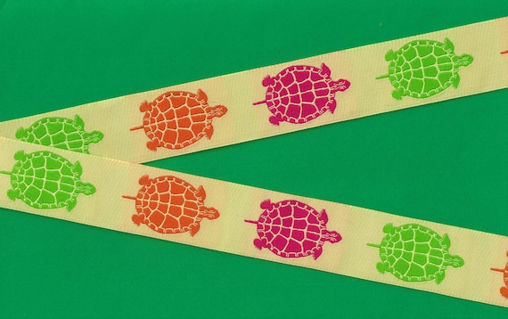 ANIMALS/Water G-17-A Jacquard Ribbon Woven Poly Trim 1-1/8" wide (28mm) FUN! Yellow w/Pink, Green & Orange Turtles