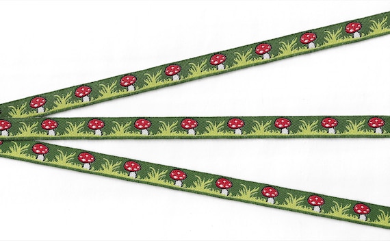 CHILDREN's B-02-B Jacquard Ribbon Poly Trim 1/2" wide (13mm) Red Toadstools w/Mini White Polka Dots on Olive Green