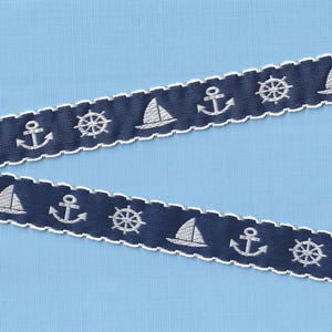 Cinta de jacquard NÁUTICA C-35-A para niños, ribete de poliéster de 3/4" de ancho (20 mm), anclas blancas, ruedas de capitán, veleros, ribete de picot