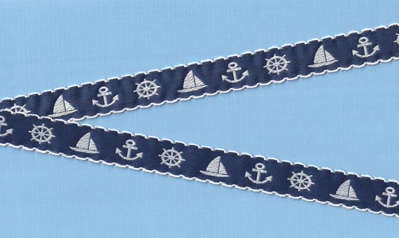 CHILDREN's NAUTICAL C-35-A Jacquard Ribbon Poly Trim 3/4" wide (20mm) VINTAGE Navy w/White Anchors Captain's Wheels Sailboats, Picot Edging