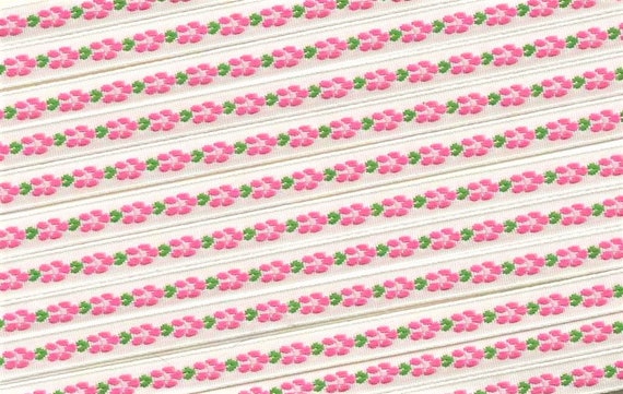 FLORAL A-03-C Jacquard Ribbon Poly Trim 5/16"wide, White Background w/Petite Hot Pink Flowers, Lt Pink Centers & Green Accents