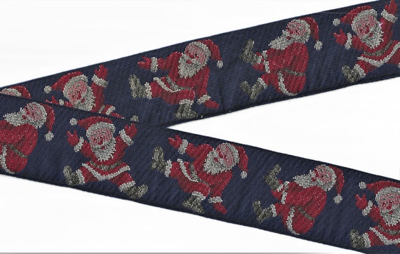 HOLIDAY M-07-A Jacquard Ribbon Cotton/Poly Trim 2-1/8" Wide (54mm) Navy w/Jolly Santa Claus, Gold Metallic Accents,  Per Yard