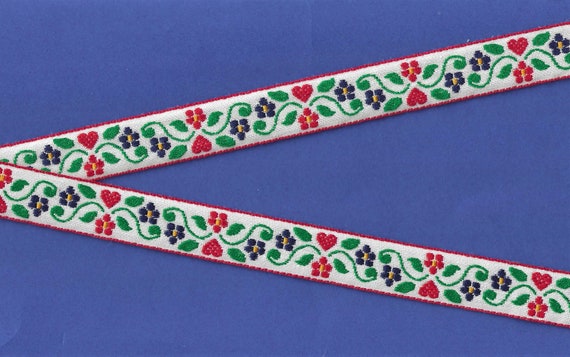 FLORAL D-30-A Jacquard Ribbon Woven Cotton Trim 3/4" wide (20mm) VINTAGE, White w/Red & Blue Flowers, Red Hearts, Green Leaves and Stems