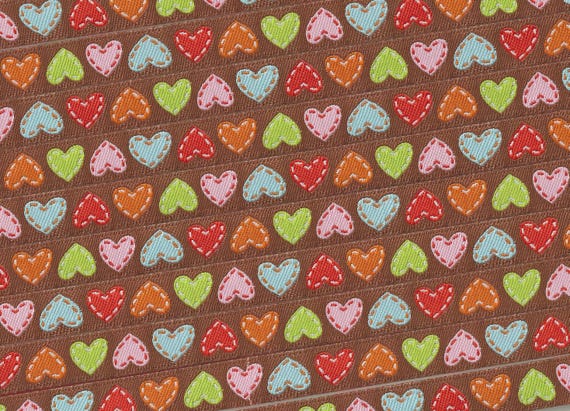 HEARTS A-04-C Jacquard Ribbon Poly Trim 3/8" wide (9mm) Brown Background w/Red, Orange, Lime, Pink & Blue Hearts